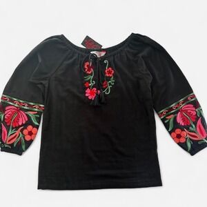 Roja Black Art Nouveau Floral Embroidered Cotton Peasant Blouse NWT Small